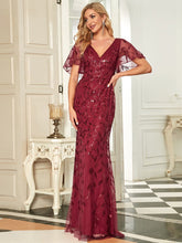 Load image into Gallery viewer, Color=Burgundy | Gorgeous V Neck Leaf-Sequined Fishtail Wholesale Party Dress-Burgundy 4