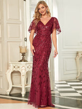 Load image into Gallery viewer, Color=Burgundy | Gorgeous V Neck Leaf-Sequined Fishtail Wholesale Party Dress-Burgundy 1