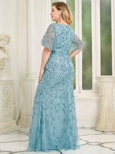 Load image into Gallery viewer, Color=Dusty Blue | Fashion Plus Size V Neck Mermaid Wholesale Sequin & Tulle Dress-Dusty Blue 4