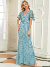 Load image into Gallery viewer, Color=Dusty blue | Gorgeous V Neck Leaf-Sequined Fishtail Wholesale Party Dress-Dusty blue 3