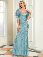 Load image into Gallery viewer, Color=Dusty blue | Gorgeous V Neck Leaf-Sequined Fishtail Wholesale Party Dress-Dusty blue 4