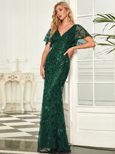 Load image into Gallery viewer, Color=Dark Green | Gorgeous V Neck Leaf-Sequined Fishtail Wholesale Party Dress-Dark Green 3