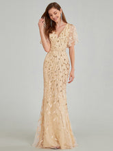 Load image into Gallery viewer, Color=Gold | Gorgeous V Neck Leaf-Sequined Fishtail Wholesale Party Dress-Gold 9