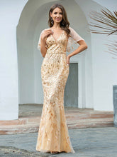 Load image into Gallery viewer, Color=Gold | Gorgeous V Neck Leaf-Sequined Fishtail Wholesale Party Dress-Gold 3