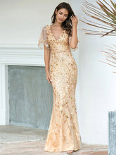 Load image into Gallery viewer, Color=Gold | Gorgeous V Neck Leaf-Sequined Fishtail Wholesale Party Dress-Gold 4