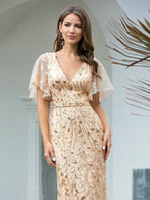 Load image into Gallery viewer, Color=Gold | Gorgeous V Neck Leaf-Sequined Fishtail Wholesale Party Dress-Gold 5