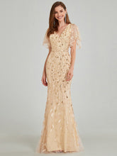 Load image into Gallery viewer, Color=Gold | Gorgeous V Neck Leaf-Sequined Fishtail Wholesale Party Dress-Gold 6