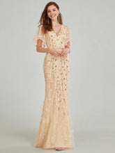 Load image into Gallery viewer, Color=Gold | Gorgeous V Neck Leaf-Sequined Fishtail Wholesale Party Dress-Gold 8