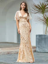 Load image into Gallery viewer, Color=Gold | Gorgeous V Neck Leaf-Sequined Fishtail Wholesale Party Dress-Gold 1