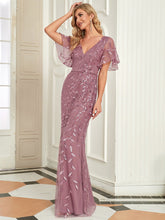 Load image into Gallery viewer, Color=Orchid | Gorgeous V Neck Leaf-Sequined Fishtail Wholesale Party Dress-Orchid 3