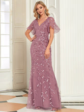 Load image into Gallery viewer, Color=Orchid | Gorgeous V Neck Leaf-Sequined Fishtail Wholesale Party Dress-Orchid 4
