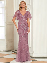 Load image into Gallery viewer, Color=Orchid | Gorgeous V Neck Leaf-Sequined Fishtail Wholesale Party Dress-Orchid 1