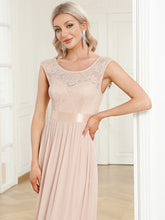 Load image into Gallery viewer, Color=Blush | Wholesale V Back Belted Lace & Chiffon Bridesmaid Dresses-Blush 1