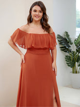 Load image into Gallery viewer, Color=Burnt Orange | womens-a-line-off-shoulder-ruffle-thigh-split-bridesmaid-dresses-es00969-2-Burnt Orange 23