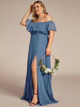 Load image into Gallery viewer, Color= Dusty Blue | womens-a-line-off-shoulder-ruffle-thigh-split-bridesmaid-dresses-es00969-2- Dusty Blue 49