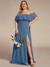 Load image into Gallery viewer, Color= Dusty Blue | womens-a-line-off-shoulder-ruffle-thigh-split-bridesmaid-dresses-es00969-2- Dusty Blue 50
