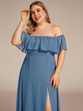 Load image into Gallery viewer, Color= Dusty Blue | womens-a-line-off-shoulder-ruffle-thigh-split-bridesmaid-dresses-es00969-2- Dusty Blue 48