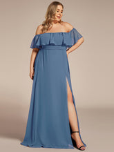 Load image into Gallery viewer, Color= Dusty Blue | womens-a-line-off-shoulder-ruffle-thigh-split-bridesmaid-dresses-es00969-2- Dusty Blue 46