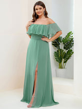 Load image into Gallery viewer, Color=Green Bean | womens-a-line-off-shoulder-ruffle-thigh-split-bridesmaid-dresses-es00969-2-Green Bean 69