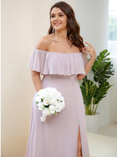 Load image into Gallery viewer, Color=Lilac | womens-a-line-off-shoulder-ruffle-thigh-split-bridesmaid-dresses-es00969-2-Lilac 78