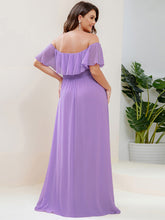 Load image into Gallery viewer, Color=Lavender | womens-a-line-off-shoulder-ruffle-thigh-split-bridesmaid-dresses-es00969-2-Lavender 82