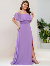 Load image into Gallery viewer, Color=Lavender | womens-a-line-off-shoulder-ruffle-thigh-split-bridesmaid-dresses-es00969-2-Lavender 84