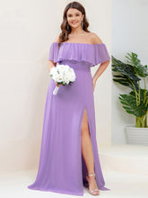 Load image into Gallery viewer, Color=Lavender | womens-a-line-off-shoulder-ruffle-thigh-split-bridesmaid-dresses-es00969-2-Lavender 85