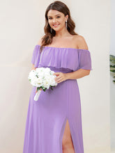 Load image into Gallery viewer, Color=Lavender | womens-a-line-off-shoulder-ruffle-thigh-split-bridesmaid-dresses-es00969-2-Lavender 83