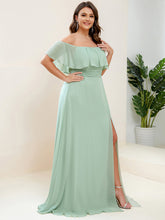 Load image into Gallery viewer, Color=Mint Green | womens-a-line-off-shoulder-ruffle-thigh-split-bridesmaid-dresses-es00969-2-Mint Green 89