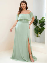 Load image into Gallery viewer, Color=Mint Green | womens-a-line-off-shoulder-ruffle-thigh-split-bridesmaid-dresses-es00969-2-Mint Green 90