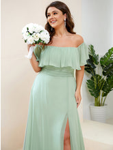 Load image into Gallery viewer, Color=Mint Green | womens-a-line-off-shoulder-ruffle-thigh-split-bridesmaid-dresses-es00969-2-Mint Green 88
