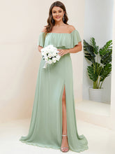 Load image into Gallery viewer, Color=Mint Green | womens-a-line-off-shoulder-ruffle-thigh-split-bridesmaid-dresses-es00969-2-Mint Green 86