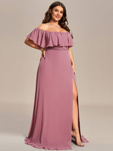 Load image into Gallery viewer, Color=Purple Orchid | womens-a-line-off-shoulder-ruffle-thigh-split-bridesmaid-dresses-es00969-2-Purple Orchid 104