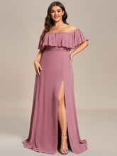 Load image into Gallery viewer, Color=Purple Orchid | womens-a-line-off-shoulder-ruffle-thigh-split-bridesmaid-dresses-es00969-2-Purple Orchid 105
