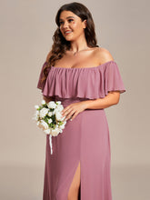 Load image into Gallery viewer, Color=Purple Orchid | womens-a-line-off-shoulder-ruffle-thigh-split-bridesmaid-dresses-es00969-2-Purple Orchid 103