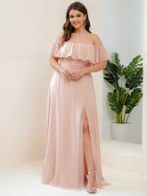 Load image into Gallery viewer, Color=Pink | womens-a-line-off-shoulder-ruffle-thigh-split-bridesmaid-dresses-es00969-2-Pink 109