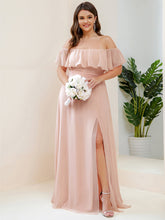 Load image into Gallery viewer, Color=Pink | womens-a-line-off-shoulder-ruffle-thigh-split-bridesmaid-dresses-es00969-2-Pink 110