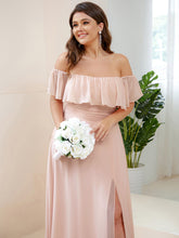 Load image into Gallery viewer, Color=Pink | womens-a-line-off-shoulder-ruffle-thigh-split-bridesmaid-dresses-es00969-2-Pink 108