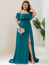 Load image into Gallery viewer, Color=Teal | womens-a-line-off-shoulder-ruffle-thigh-split-bridesmaid-dresses-es00969-2-Teal 115