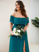 Load image into Gallery viewer, Color=Teal | womens-a-line-off-shoulder-ruffle-thigh-split-bridesmaid-dresses-es00969-2-Teal 113