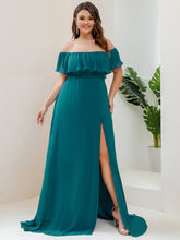Load image into Gallery viewer, Color=Teal | womens-a-line-off-shoulder-ruffle-thigh-split-bridesmaid-dresses-es00969-2-Teal 111