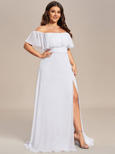 Load image into Gallery viewer, Color=White | womens-a-line-off-shoulder-ruffle-thigh-split-bridesmaid-dresses-es00969-2-White 120