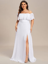 Load image into Gallery viewer, Color=White | womens-a-line-off-shoulder-ruffle-thigh-split-bridesmaid-dresses-es00969-2-White 116