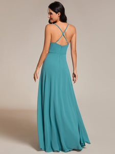 Color=Dusty blue | Spaghetti Straps Draped Collar Floor Length Bridesmaid Dress -Dusty blue 4