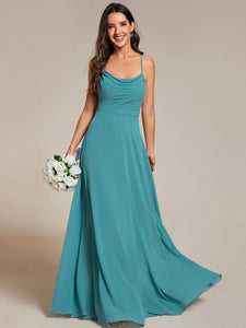 Color=Dusty blue | Spaghetti Straps Draped Collar Floor Length Bridesmaid Dress -Dusty blue 6