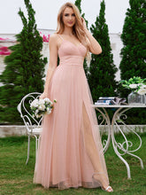 Load image into Gallery viewer, Color=Pink | Romantic Shimmer fabrics Side Split Tulle Dresses  Pleated decoration Empire Waist Bridesmaid Dresses -Pink 4