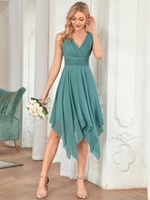 Load image into Gallery viewer, Color=Dusty blue | Sleeveless V Neck Mini Wholesale Chiffon Bridesmaid Dress-Dusty blue 1