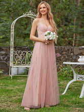 Load image into Gallery viewer, Color=Pink | Tulle V Neck Spaghetti Strap Bodice Sequin Wholesale Bridesmaid Dress-Pink 1