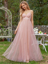 Load image into Gallery viewer, Color=Pink | Tulle V Neck Spaghetti Strap Bodice Sequin Wholesale Bridesmaid Dress-Pink 2