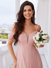 Load image into Gallery viewer, Color=Pink | Elegant Spaghetti Straps Sweetheart Neckline Pleated Tulle Bridesmaid Dresses with Padded Enough-Pink 15